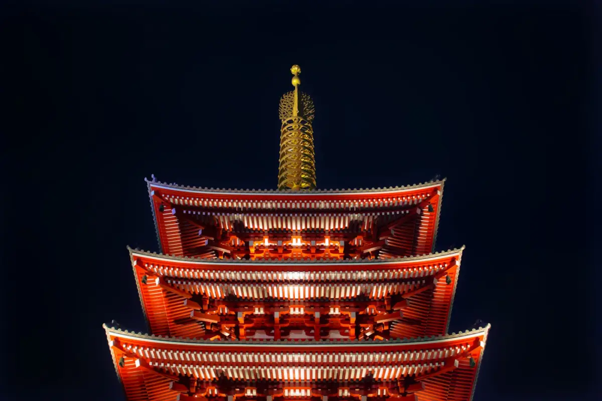 Illuminated temple buildings at night in Asakusa